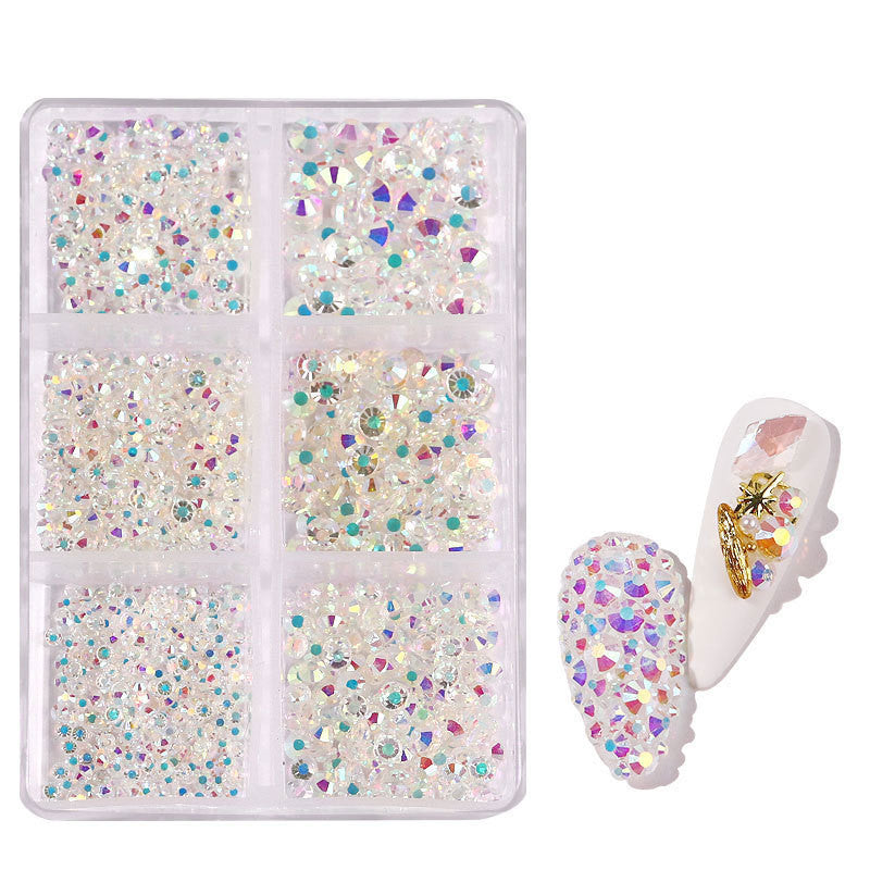 JMT-508874 Porcelain White 6-Compartment Rhinestone Nail Sticker Set