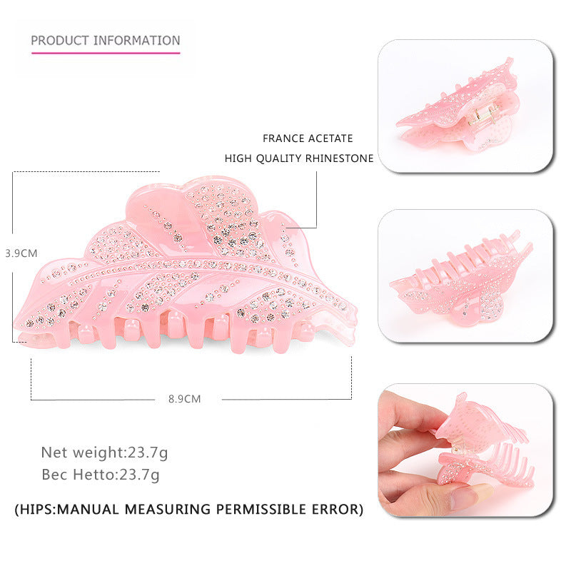 JMT-509258 Acrylic Leaf Design Hairpin with Diamond Accents – Handmade Women's Hair Clip in Green, Gray, Pink