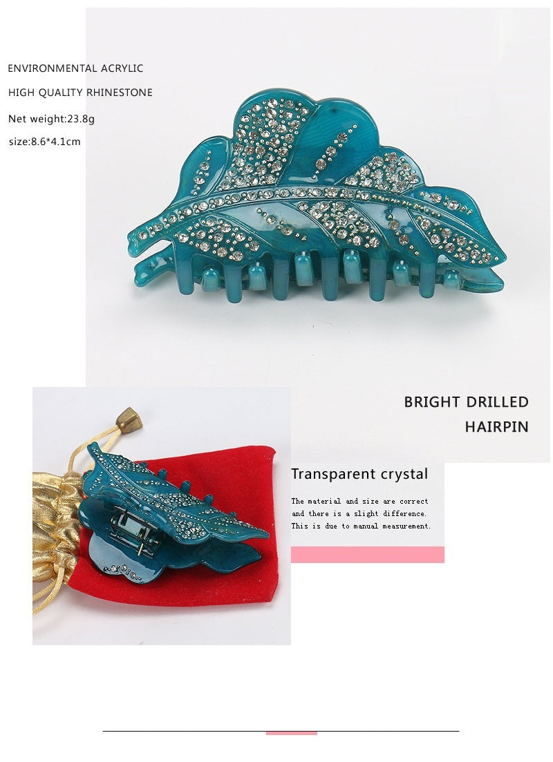 JMT-509258 Acrylic Leaf Design Hairpin with Diamond Accents – Handmade Women's Hair Clip in Green, Gray, Pink