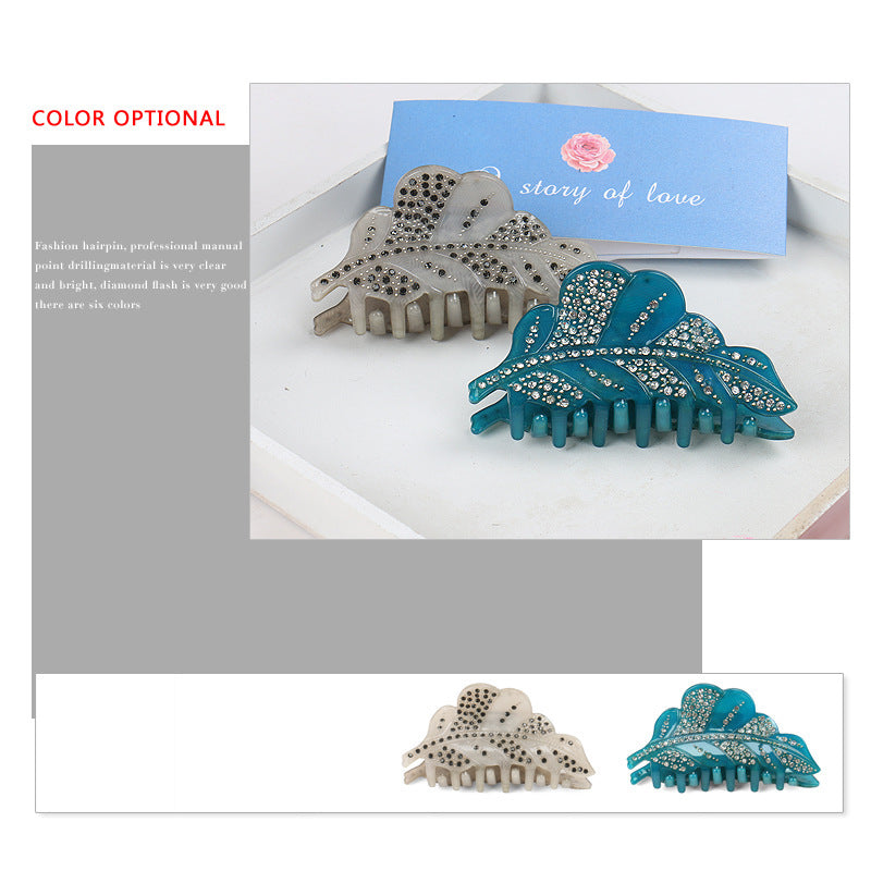 JMT-509258 Acrylic Leaf Design Hairpin with Diamond Accents – Handmade Women's Hair Clip in Green, Gray, Pink