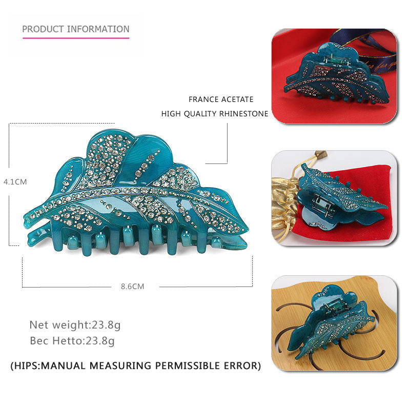 JMT-509258 Acrylic Leaf Design Hairpin with Diamond Accents – Handmade Women's Hair Clip in Green, Gray, Pink
