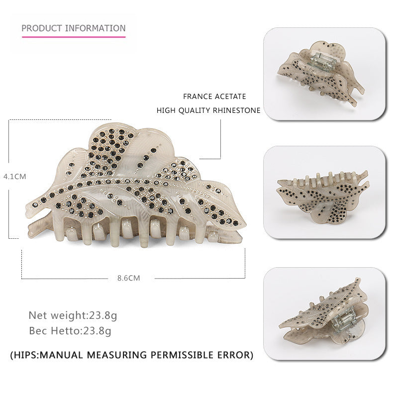 JMT-509258 Acrylic Leaf Design Hairpin with Diamond Accents – Handmade Women's Hair Clip in Green, Gray, Pink