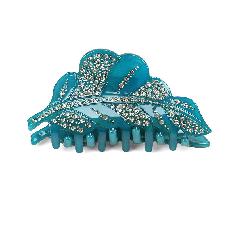 JMT-509258 Acrylic Leaf Design Hairpin with Diamond Accents – Handmade Women's Hair Clip in Green, Gray, Pink
