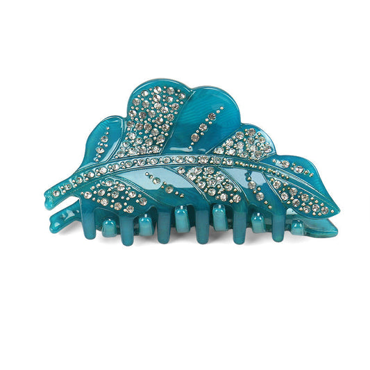 JMT-509258 Acrylic Leaf Design Hairpin with Diamond Accents – Handmade Women's Hair Clip in Green, Gray, Pink