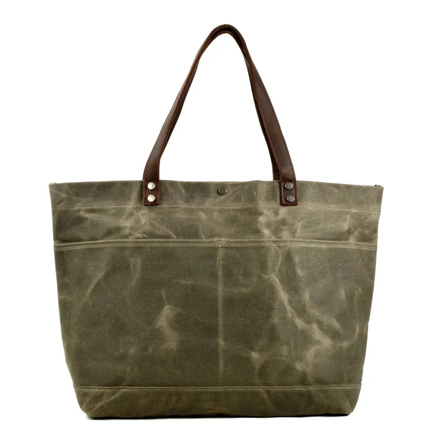 JMT-511562 Large Capacity Waxed Canvas Tote Bag with Genuine Leather Strap and Water-Resistant Design