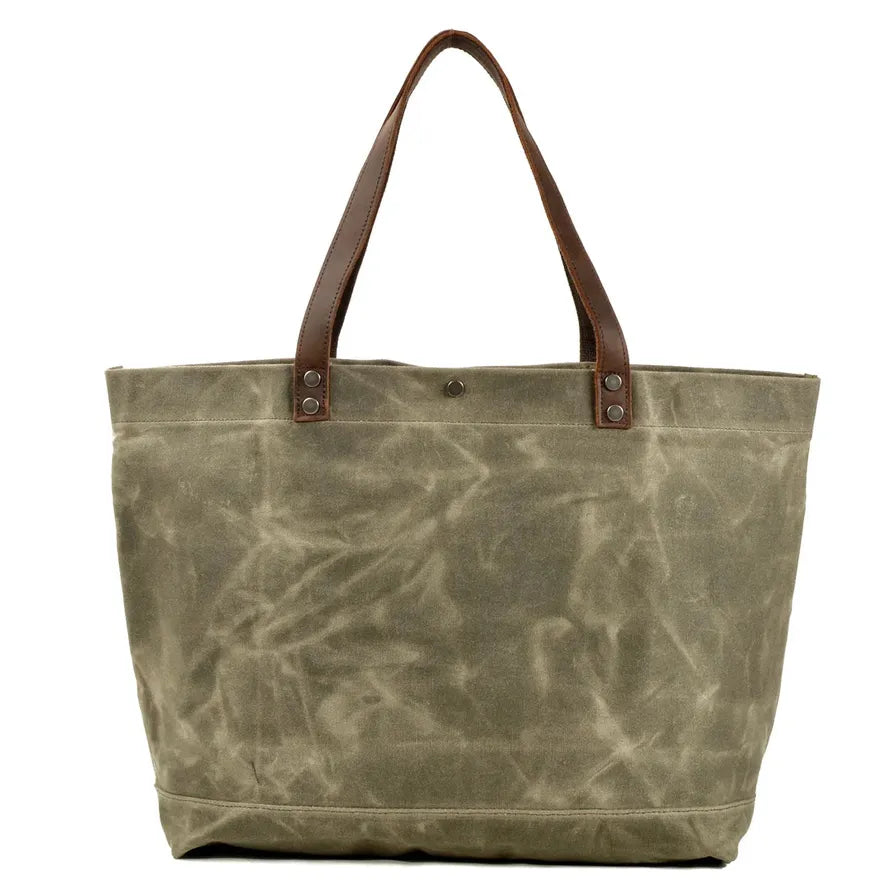 JMT-511562 Large Capacity Waxed Canvas Tote Bag with Genuine Leather Strap and Water-Resistant Design