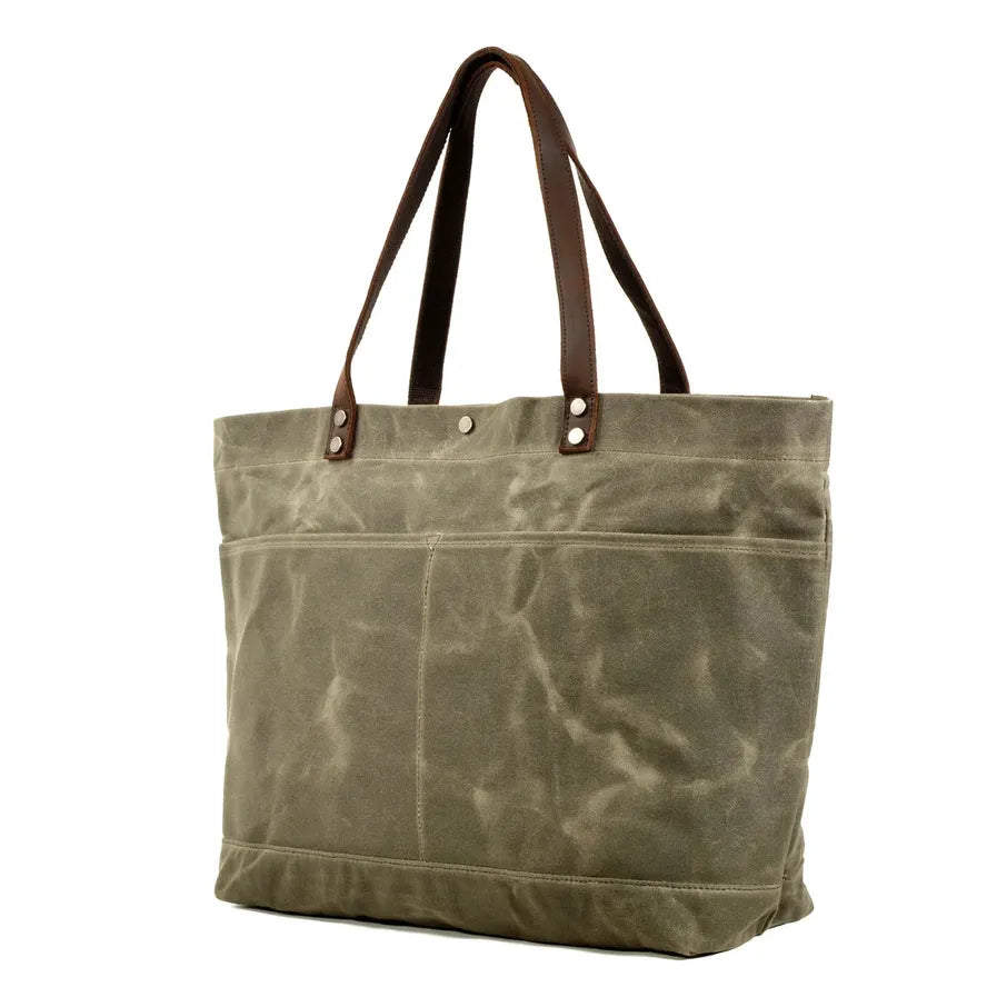 JMT-511562 Large Capacity Waxed Canvas Tote Bag with Genuine Leather Strap and Water-Resistant Design