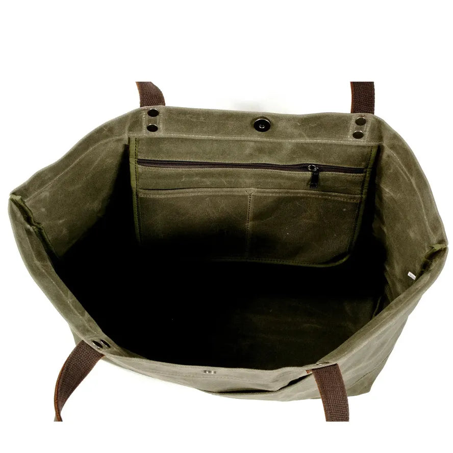 JMT-511562 Large Capacity Waxed Canvas Tote Bag with Genuine Leather Strap and Water-Resistant Design