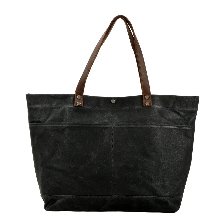JMT-511562 Large Capacity Waxed Canvas Tote Bag with Genuine Leather Strap and Water-Resistant Design