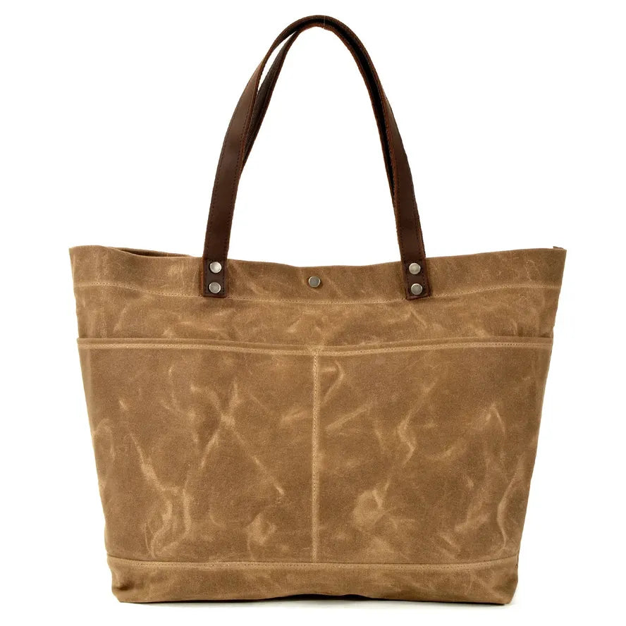 JMT-511562 Large Capacity Waxed Canvas Tote Bag with Genuine Leather Strap and Water-Resistant Design