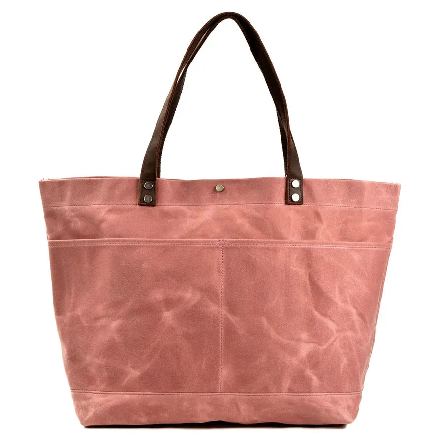 JMT-511562 Large Capacity Waxed Canvas Tote Bag with Genuine Leather Strap and Water-Resistant Design