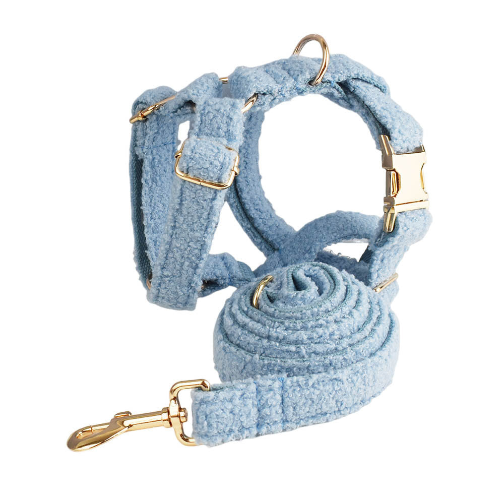 JMT-511882 Blue Teddy Bear Dog Collar and Leash Set with Bow and Vest - Four-Piece Pet Accessories for Gifts