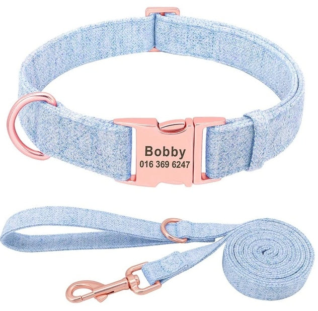 JMT-512202 Personalized Engraved Pet Dog Collar with Leash for Medium and Large Dogs - Available in Pink, Blue, Gray, and Brown