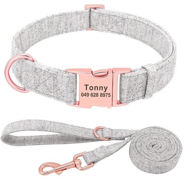 JMT-512202 Personalized Engraved Pet Dog Collar with Leash for Medium and Large Dogs - Available in Pink, Blue, Gray, and Brown