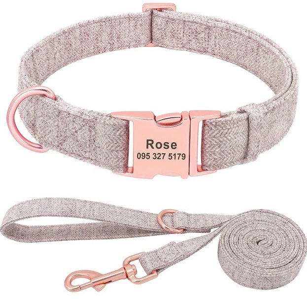 JMT-512202 Personalized Engraved Pet Dog Collar with Leash for Medium and Large Dogs - Available in Pink, Blue, Gray, and Brown