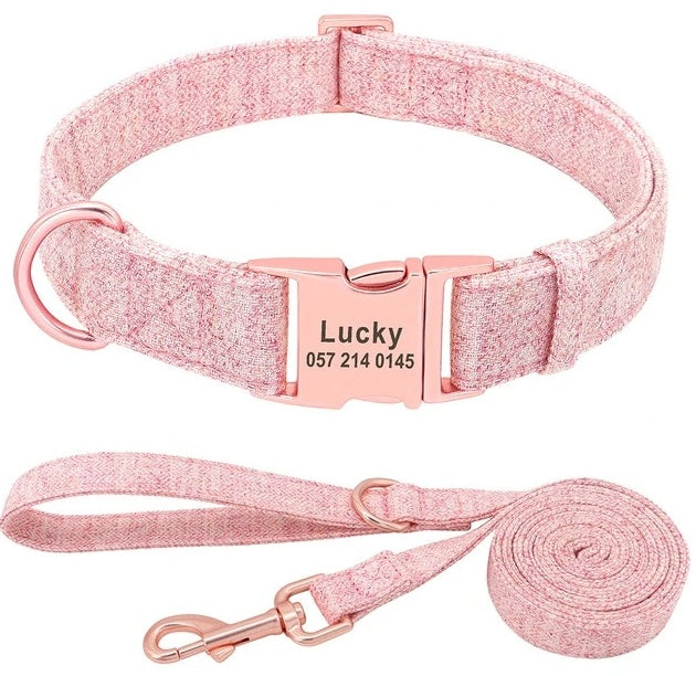 JMT-512202 Personalized Engraved Pet Dog Collar with Leash for Medium and Large Dogs - Available in Pink, Blue, Gray, and Brown