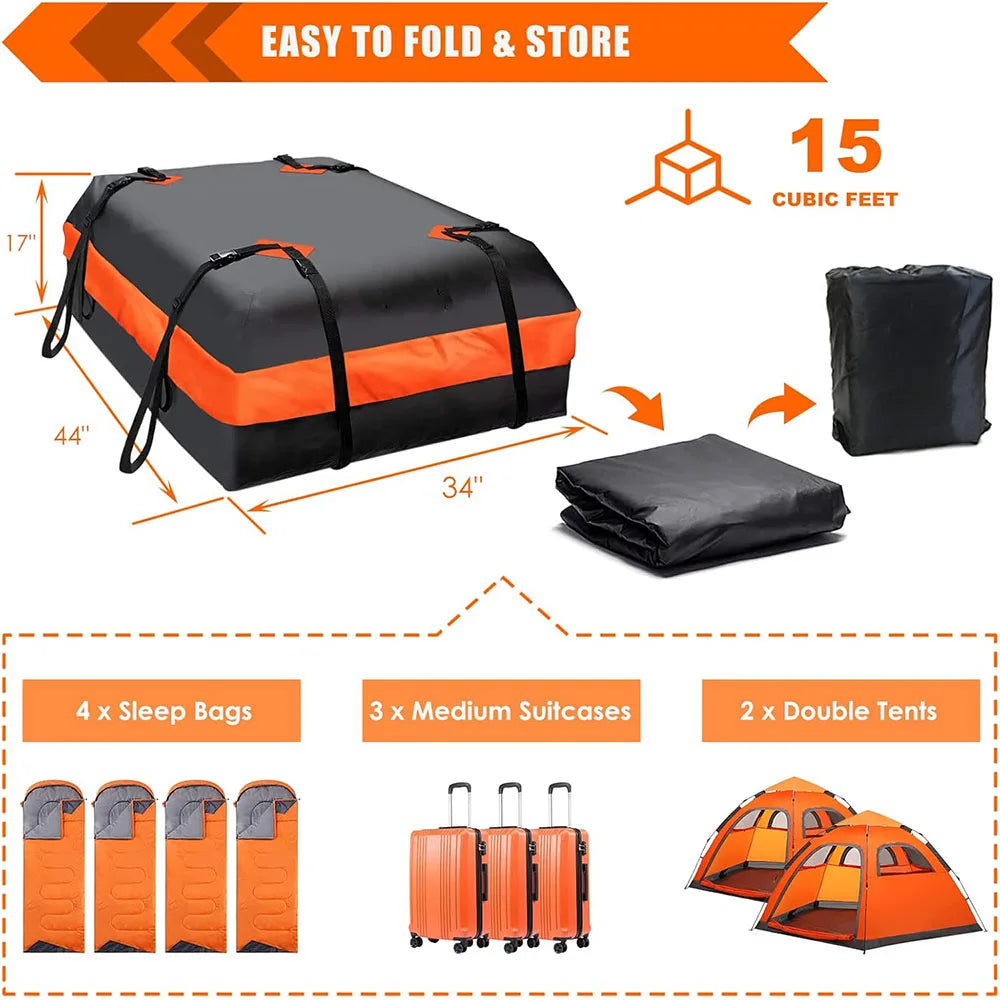 JMT-513802 Waterproof Rooftop Cargo Carrier Bag - 15 Cubic Feet Capacity for All Cars, With or Without Roof Rack
