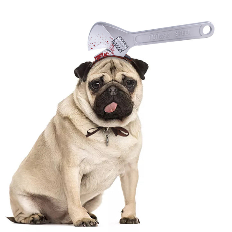 JMT-514314 Pet Halloween Headdress Hat with Fun Props Including Axe, Scissors, and More
