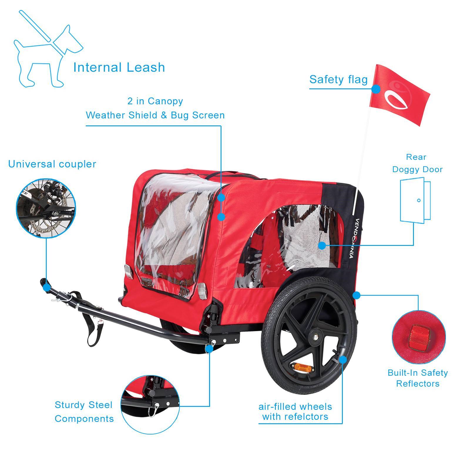 JMT-515338 Foldable Dog Bicycle Trailer with Safety Leash and Weather-Resistant Canopy for Small and Large Dogs