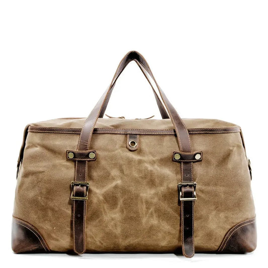 JMT-515722 Army Green Waterproof Waxed Canvas and Cowhide Leather Duffle Bag - 52cm x 22cm x 30cm