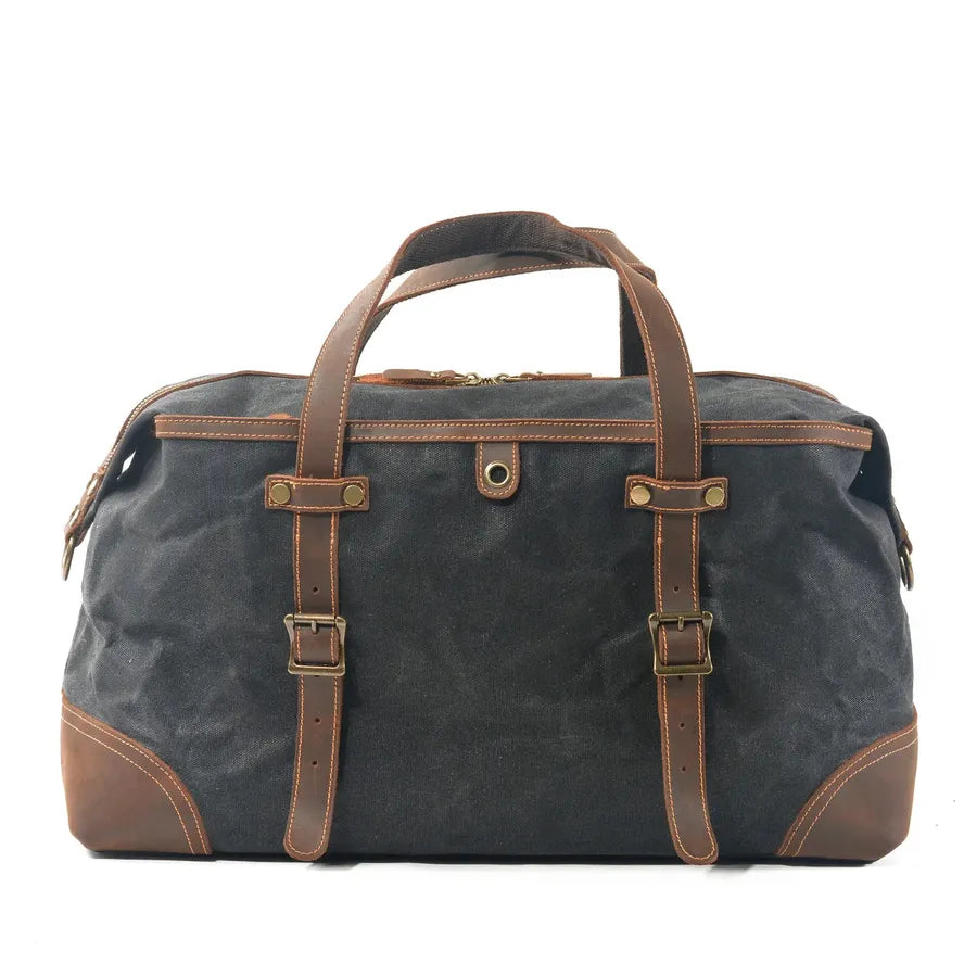 JMT-515722 Army Green Waterproof Waxed Canvas and Cowhide Leather Duffle Bag - 52cm x 22cm x 30cm
