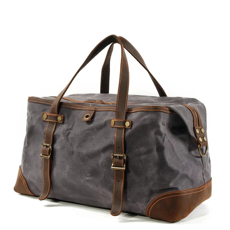 JMT-515722 Army Green Waterproof Waxed Canvas and Cowhide Leather Duffle Bag - 52cm x 22cm x 30cm