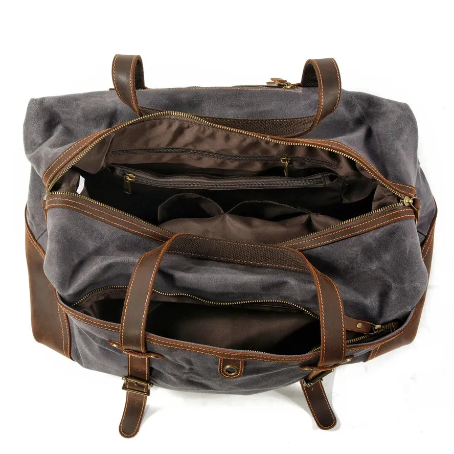 JMT-515722 Army Green Waterproof Waxed Canvas and Cowhide Leather Duffle Bag - 52cm x 22cm x 30cm