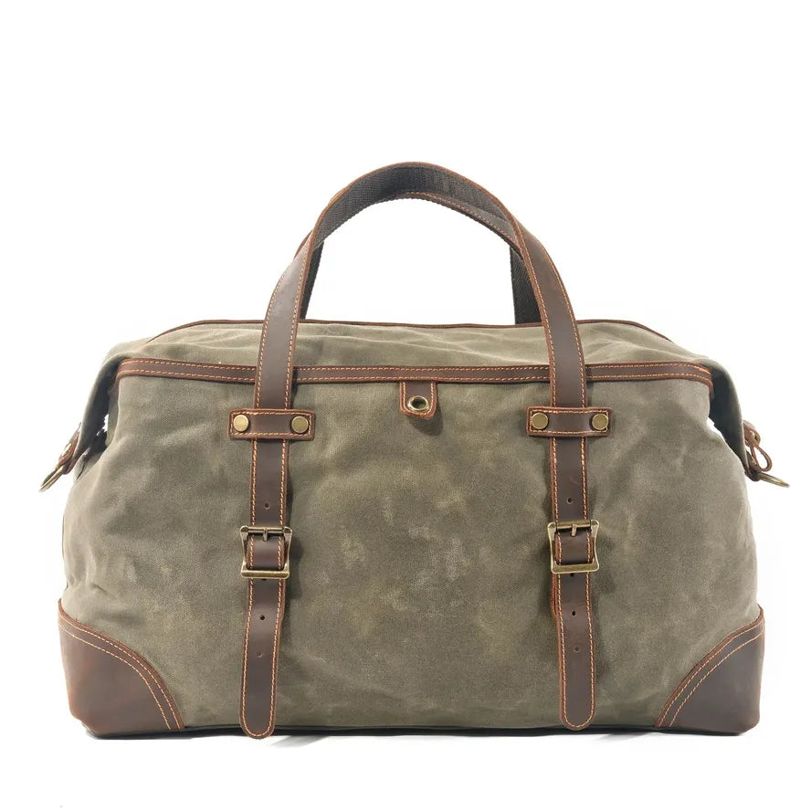 JMT-515722 Army Green Waterproof Waxed Canvas and Cowhide Leather Duffle Bag - 52cm x 22cm x 30cm