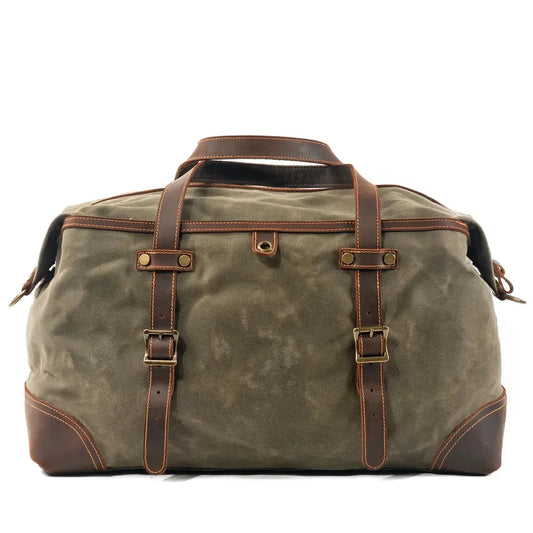 JMT-515722 Army Green Waterproof Waxed Canvas and Cowhide Leather Duffle Bag - 52cm x 22cm x 30cm