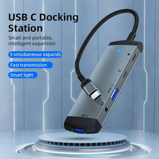 JMT-515978 5-in-1 USB-C Docking Station Hub with PD60W Fast Charging for Laptops and Phones