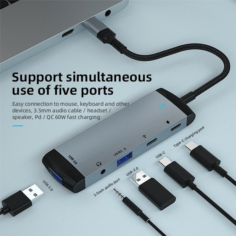 JMT-515978 5-in-1 USB-C Docking Station Hub with PD60W Fast Charging for Laptops and Phones