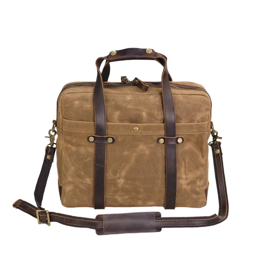 JMT-518026 Waterproof Waxed Canvas Laptop Handbag with Leather Accents - 15.6 Inch Casual Briefcase for Work