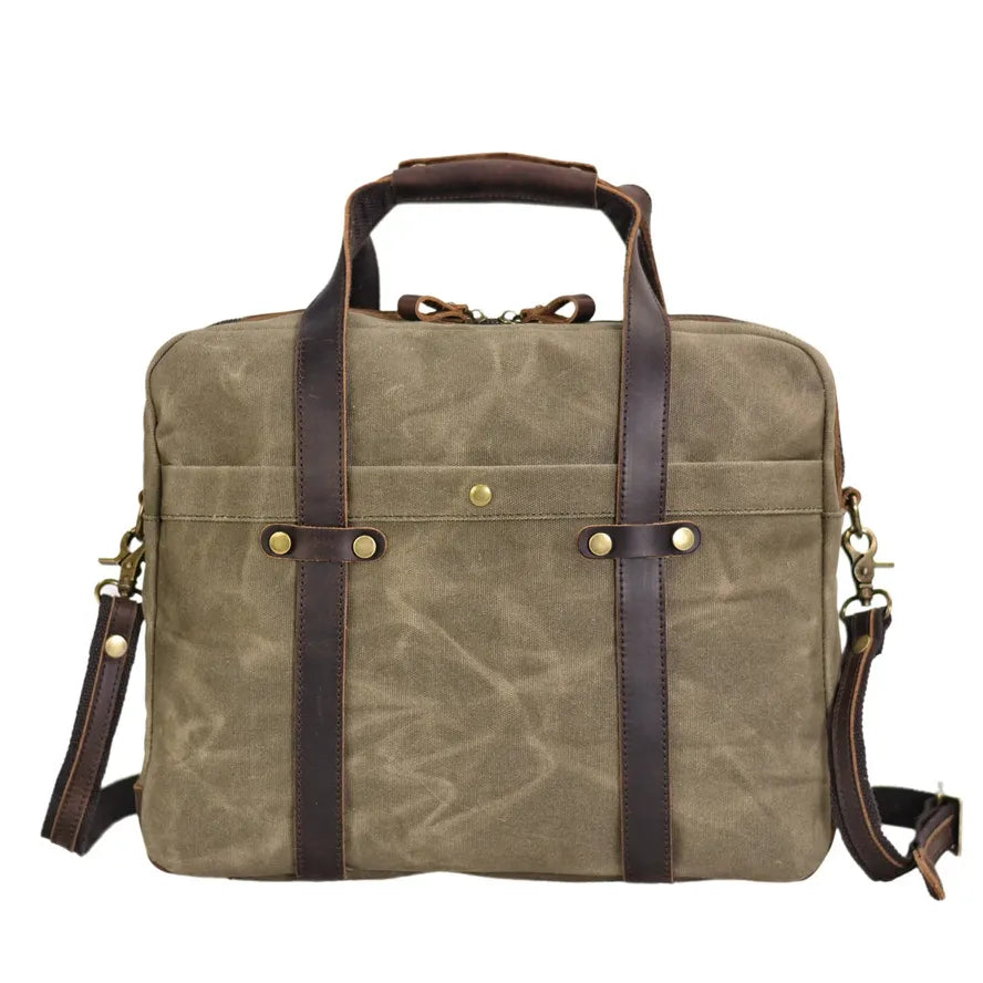 JMT-518026 Waterproof Waxed Canvas Laptop Handbag with Leather Accents - 15.6 Inch Casual Briefcase for Work
