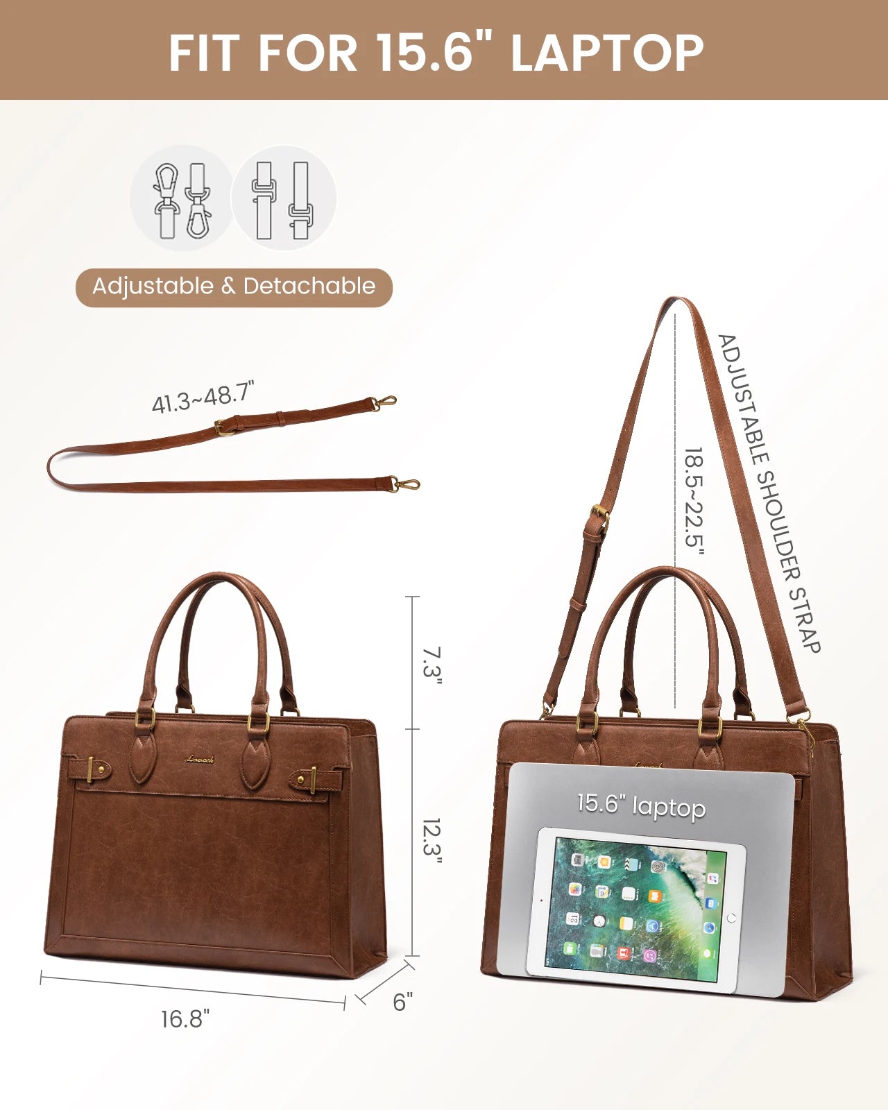 JMT-522954 Laptop Tote Bag for Women - 15.6-17 Inch Waterproof Leather Briefcase for Office and Business Use