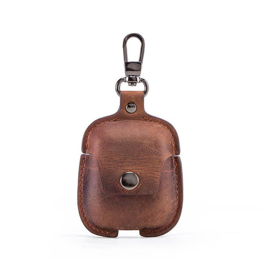 JMT-523210 Leather Portable Earphone Cover with Keychain - Clamshell Design, Solid Color, 6.3 cm x 12 cm