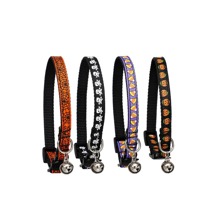 JMT-525194 Halloween-Themed Cat and Puppy Collar in Stripes – Spider Web, Skull, Candy, and Pumpkin Patterns, Polyester Material, Size S (1.0*28cm)