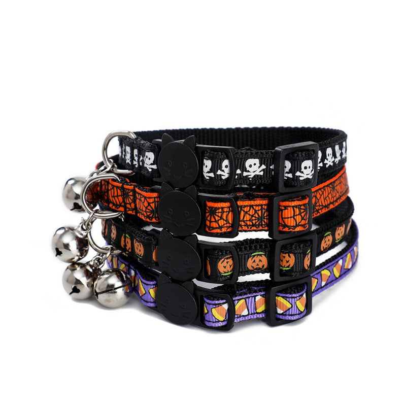 JMT-525194 Halloween-Themed Cat and Puppy Collar in Stripes – Spider Web, Skull, Candy, and Pumpkin Patterns, Polyester Material, Size S (1.0*28cm)