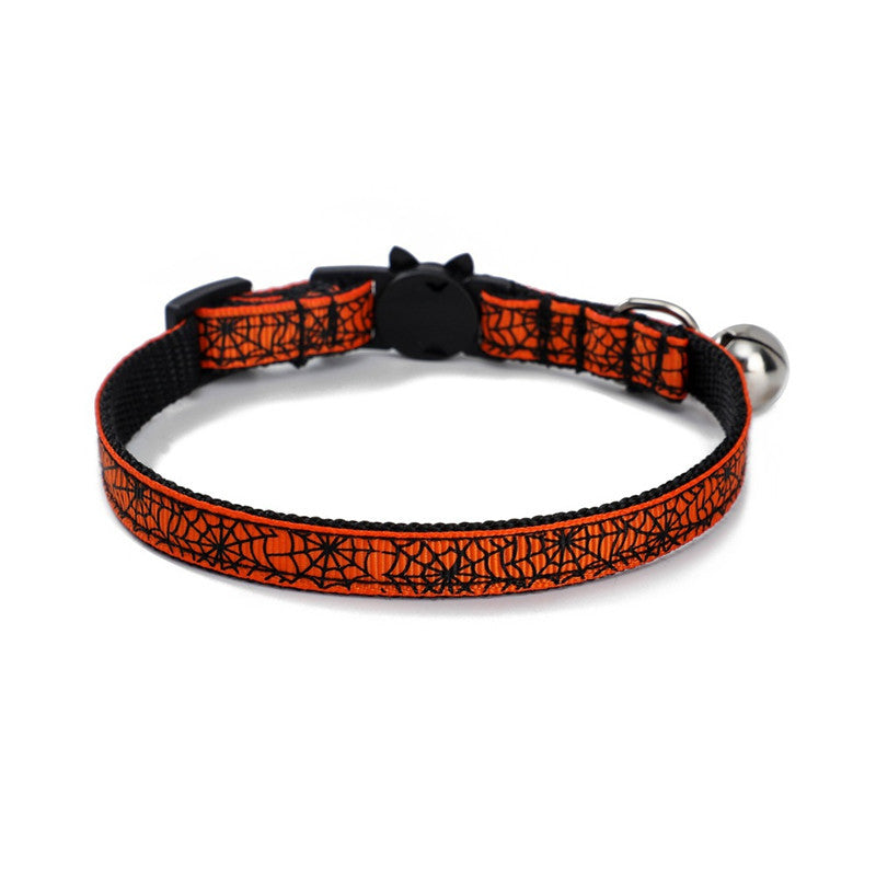 JMT-525194 Halloween-Themed Cat and Puppy Collar in Stripes – Spider Web, Skull, Candy, and Pumpkin Patterns, Polyester Material, Size S (1.0*28cm)