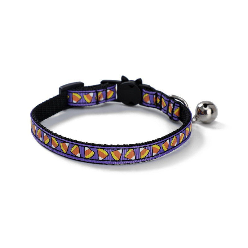 JMT-525194 Halloween-Themed Cat and Puppy Collar in Stripes – Spider Web, Skull, Candy, and Pumpkin Patterns, Polyester Material, Size S (1.0*28cm)