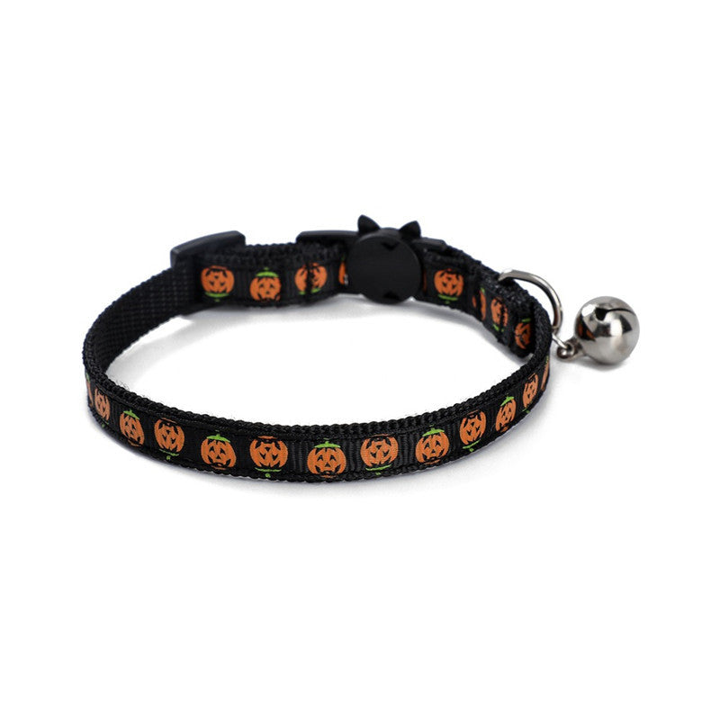 JMT-525194 Halloween-Themed Cat and Puppy Collar in Stripes – Spider Web, Skull, Candy, and Pumpkin Patterns, Polyester Material, Size S (1.0*28cm)