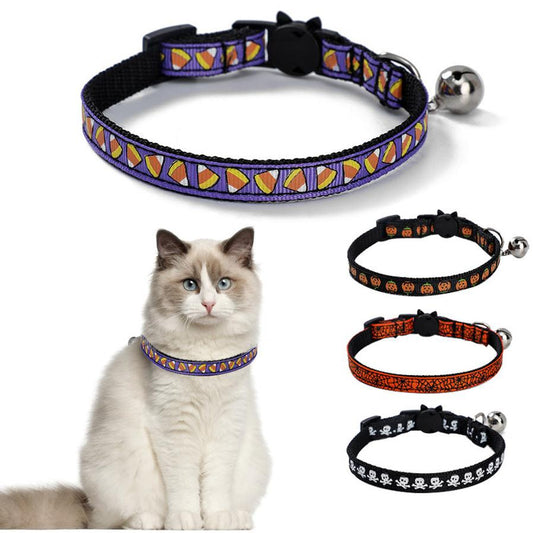 JMT-525194 Halloween-Themed Cat and Puppy Collar in Stripes – Spider Web, Skull, Candy, and Pumpkin Patterns, Polyester Material, Size S (1.0*28cm)