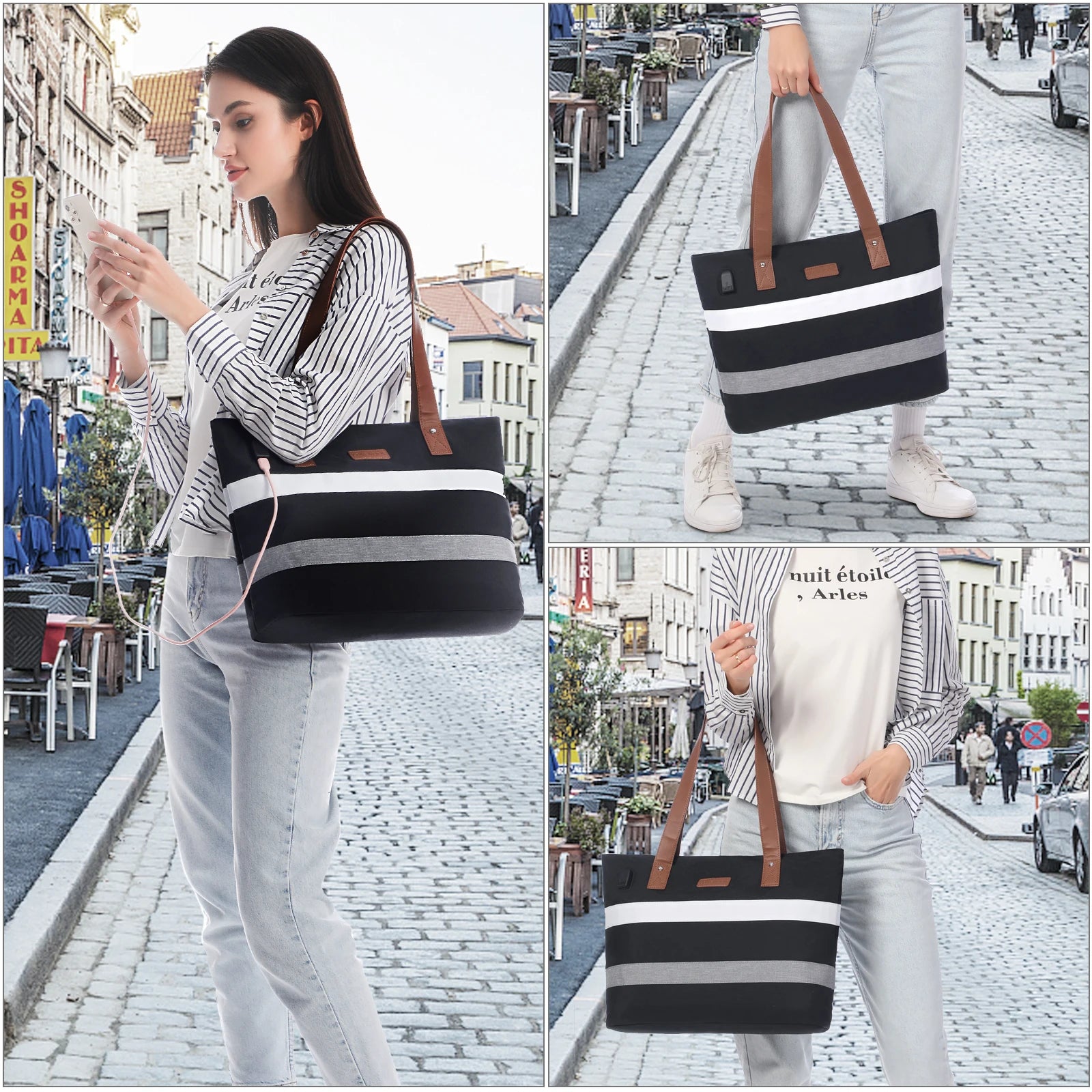 JMT-526346 Lightweight Oxford Casual School Bag for 15.6-inch Laptop, 2-piece Set Tote and Handbag for Work and School