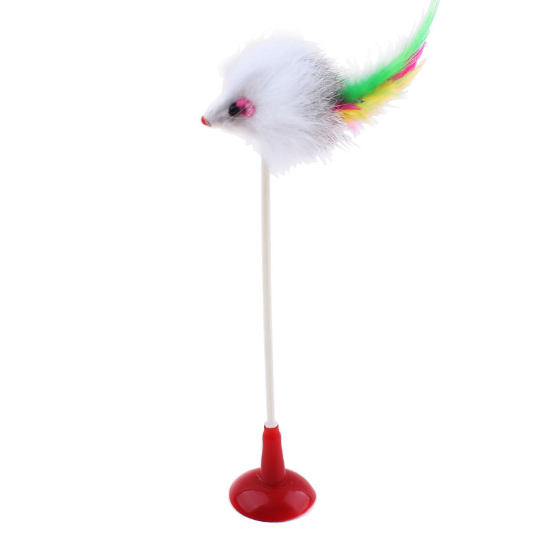 JMT-526666 Cat Spring Toy with Plush Mouse, Colorful Feather and Suction Cup - Pet Play Stick for Kittens