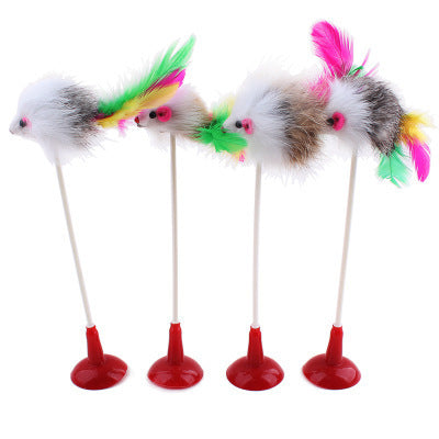 JMT-526666 Cat Spring Toy with Plush Mouse, Colorful Feather and Suction Cup - Pet Play Stick for Kittens
