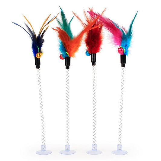 JMT-526666 Cat Spring Toy with Plush Mouse, Colorful Feather and Suction Cup - Pet Play Stick for Kittens