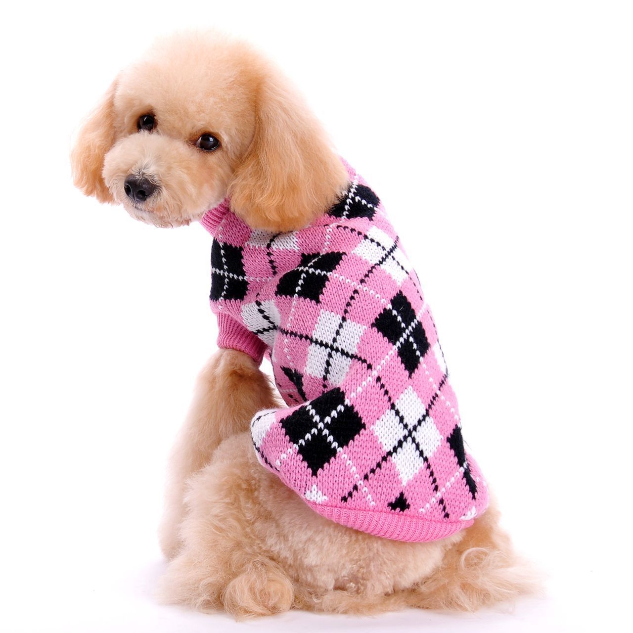 JMT-527754 Knitted Wool Sweater for Small and Medium Dogs - Round Neck with Geometric Diamond Pattern