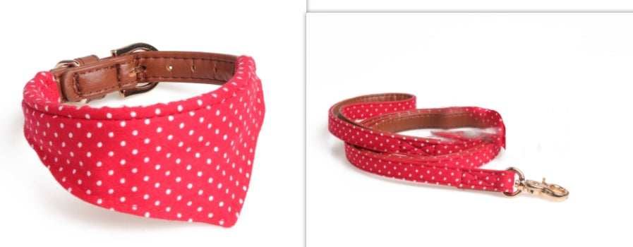 JMT-528330 Polka Dot Triangle Scarf and Leash Set for Pets - Adjustable PU Dog Accessories in Black, White, Red, Yellow