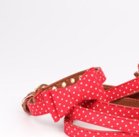 JMT-528330 Polka Dot Triangle Scarf and Leash Set for Pets - Adjustable PU Dog Accessories in Black, White, Red, Yellow