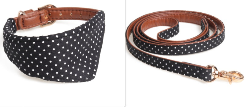JMT-528330 Polka Dot Triangle Scarf and Leash Set for Pets - Adjustable PU Dog Accessories in Black, White, Red, Yellow
