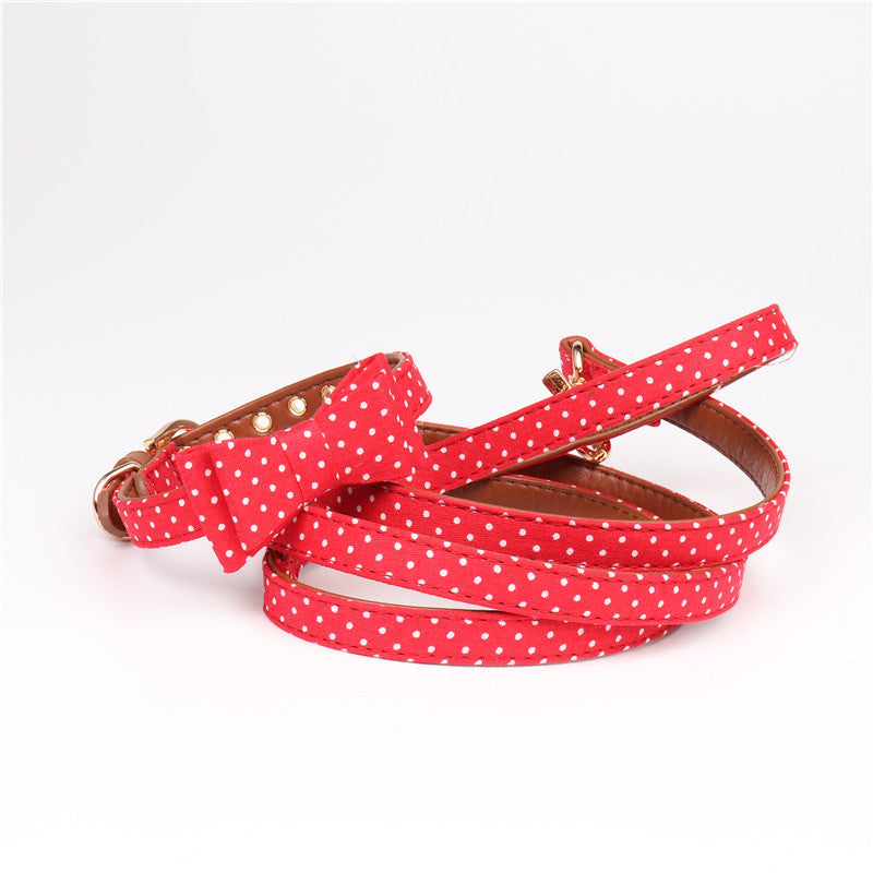 JMT-528330 Polka Dot Triangle Scarf and Leash Set for Pets - Adjustable PU Dog Accessories in Black, White, Red, Yellow